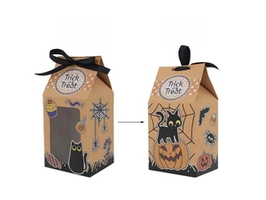 Front and back view of Halloween kraft paper treat boxes with pumpkin window and ribbon