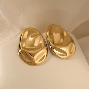 Polished gold stainless steel lava earrings with irregular oval minimalist design