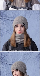 Detail of grey diamond-pattern knit hat and neck warmer with soft fleece lining