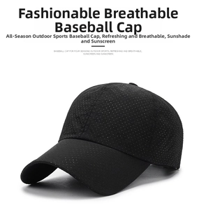 Detail of breathable perforated fabric on black quick-dry outdoor baseball cap