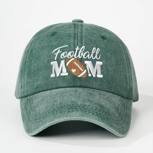 Detailed embroidery of Football MOM on a vintage washed green cotton baseball cap