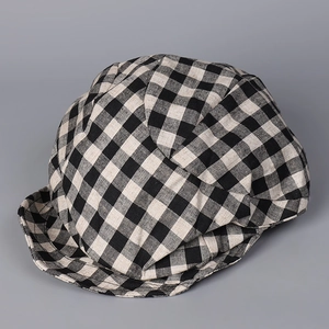 Classic black and white checkered cotton linen newsboy cap with short brim