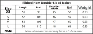 Size chart for women's reversible faux fur jacket featuring measurements for XS to L