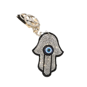 Hamsa hand keychain with blue evil eye bead and sparkling crystal rhinestones