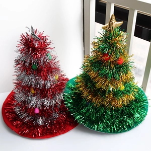 Creative tinsel Christmas tree hats with star toppers and colorful festive decorations