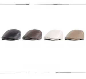 Detailed grid of faux leather flat caps in black, brown, beige, and khaki colors