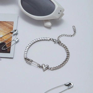 Stainless steel Cuban chain bracelet with heart pendant and safety pin charm for women