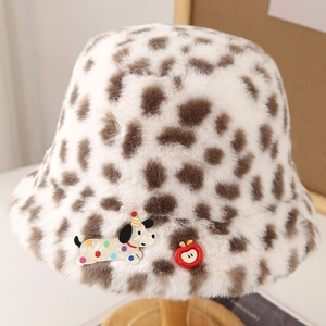 Plush leopard print bucket hat for women with cartoon dog and apple charms decor