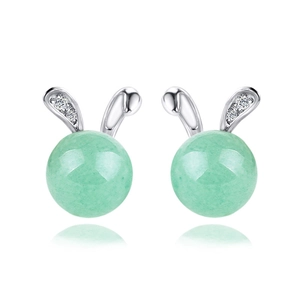 S925 Sterling Silver Cute Rabbit Stud Earrings For Women With Green Aventurine Jade And Rhinestone Inlaid Animal Fashion Jewelry