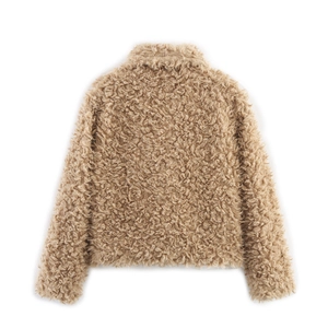 Fashionable khaki faux shearling jacket for women with warm plush texture back view