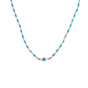 Detail of bohemian necklace with turquoise beads, pearls and blue eye pendant