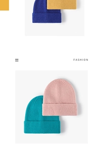 Detail of ribbed knit beanies in pink, teal, yellow and navy with folded cuffs
