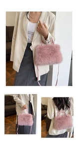 Three-way view of a fluffy pink faux fur crossbody bag with thin shoulder straps