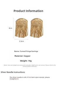 Detailed view of gold geometric fringe earrings with copper chain and silver needles