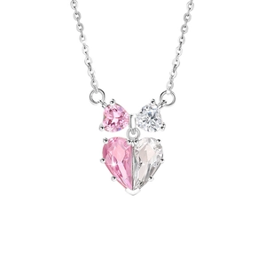 925 Sterling Silver Bow Necklace with Heart-Shaped Pink Crystal Pendant and Silvery Chain