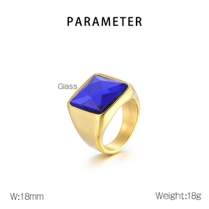Detailed parameter chart showing 18mm wide gold ring with blue square gemstone