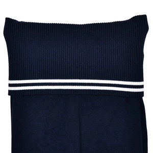Detailed view of dark blue knitted fabric with white stripe cuffs on long sleeve sports set