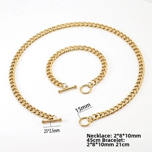 Golden 18K stainless steel Cuban chain set with toggle clasp and detailed measurements