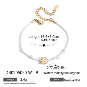 Bracelet ajustable en cordon blanc et acier inoxydable doré 18K avec pendentif lettre B