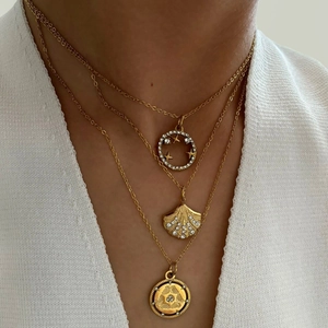 Stainless Steel Rhinestone Shell Necklace 18K Gold Plated Zircon Geometric Round Pendant Necklaces For Women Trendy Jewelry