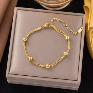 Three-layer 18K gold-plated stainless steel snake chain bracelet with polished gold beads