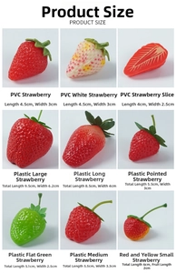 Detailed size chart for artificial strawberry models including PVC and plastic variants