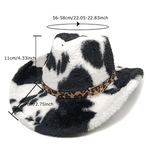Chapeau de cowboy en peluche à motif vache avec ruban léopard et dimensions précises