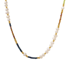 Bohemian choker necklace with freshwater pearls and colorful glass beads on titanium steel