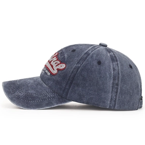 Vintage navy washed denim baseball cap with 3D embroidery and breathable air holes