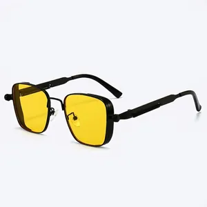 Steampunk vintage square sunglasses with yellow lenses and metal spring hinge detail