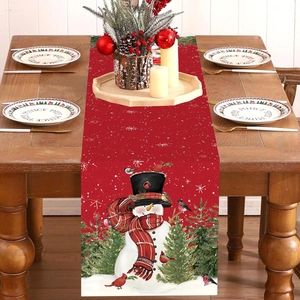 Runner Da Tavola Di Natale Rosso Poliestere Pupazzo Di Neve Uccello Pino Per Decorazione Festa Sala Da Pranzo Ornamento