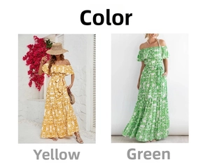 Detail of off-shoulder bohemian maxi dresses featuring floral prints and ruffled hemlines