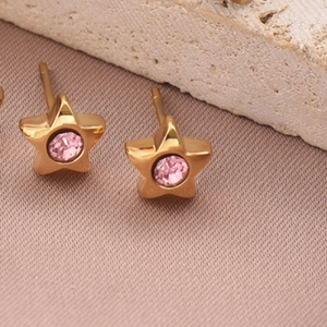 Boucles d'oreilles étoile en acier doré avec cristal rose étincelant pour femme