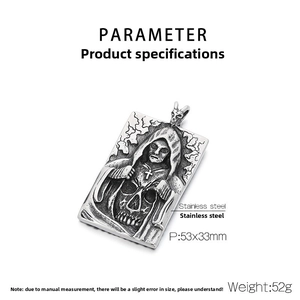 Gothic skull rectangular pendant details with dimensions 53x33mm and 52g weight