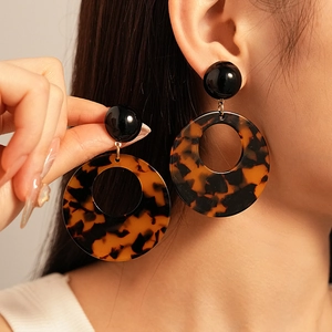 Vintage Round Hoop Earrings Resin Leopard Print Tortoise Shell With 925 Sterling Silver Earring Post For Women