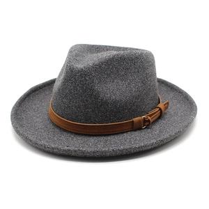 Classic dark grey wool felt fedora hat with brown suede belt and gold metal buckle