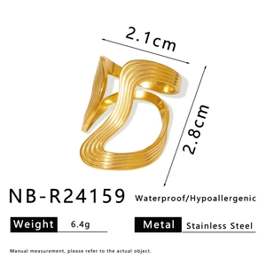 Minimalist 18k gold plated wave hollow open ring in stainless steel with dimensions shown