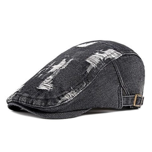 Distressed grey denim beret hat with vintage holes and adjustable side metal buckle