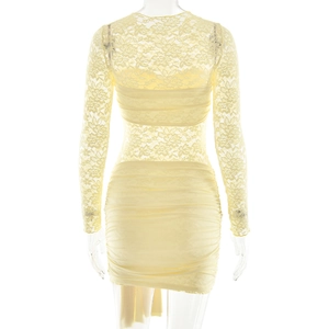 Detailed back view of yellow lace long sleeve dress featuring ruched design and ribbon details