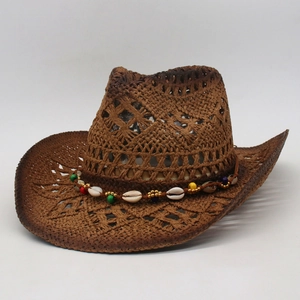 Brown woven straw cowboy sun hat with colorful beads and shell trim for summer beach wear