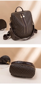 Detailed front and bottom views of brown triangle patterned backpack with double zippers