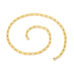 Golden stainless steel cuban link chain necklace with textured interlocking oval rings