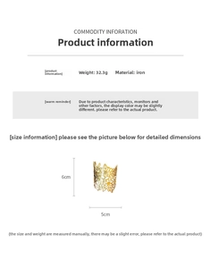 Detail of golden hollow floral metal napkin ring with detailed measurements and iron texture