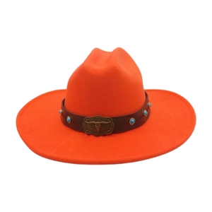 Detail of orange wool fedora featuring a brown leather band with blue beads and bull buckle