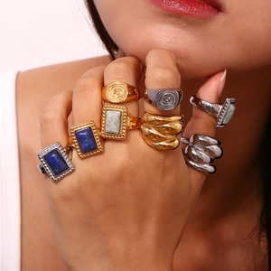 Retro 18K gold plated stainless steel rings with natural gemstones and spiral patterns