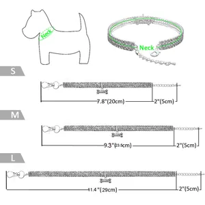 Size chart showing rhinestone collar lengths S M L with 2-inch extension chain measurements