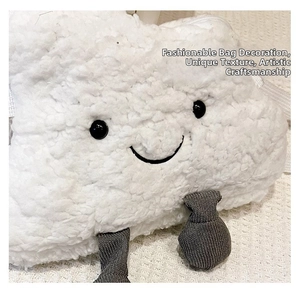 Detailed macro shot of white cloud plush texture with black eyes and stitched smile design
