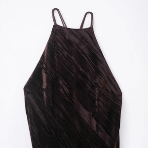 Chocolate brown velvet halter top with textured diagonal patterns and thin straps