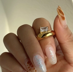 Minimalist 18K Gold Plated Stainless Steel Ring Wide Curved Band With Rectangular White Zircon For Women INS Style