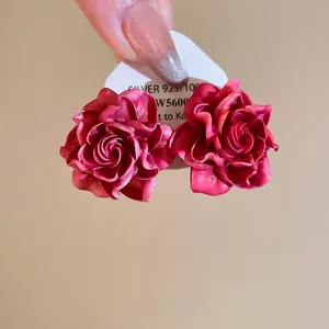 Rose Flower Stud Earrings With 925 Sterling Silver Earring Post Resin 3D Retro Elegant Jewelry For Women